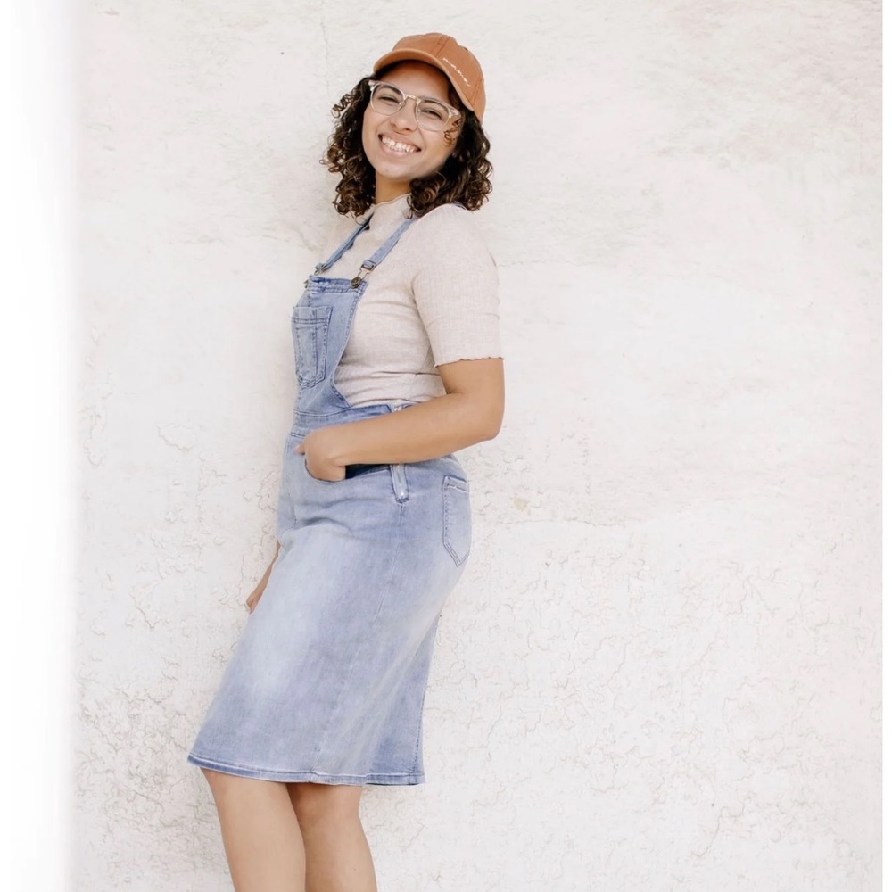 Light denim skirt overalls